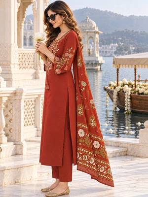 women ethnic motifs embroidered regular thread work  cotton kurta with trousers & with 4