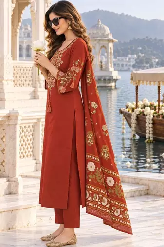 women ethnic motifs embroidered regular thread work  cotton kurta with trousers & with