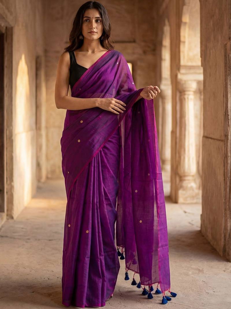Purple zari  cotton khadi saree