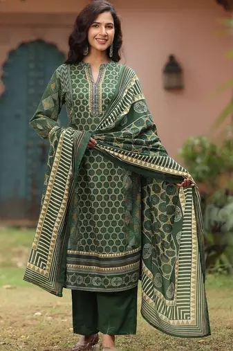 women printed regular thread work  cotton kurta with palazzos & with dupatta
