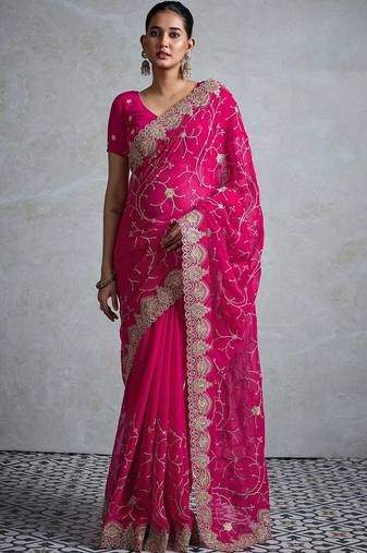 Pink embellished zari  georgette designer saree