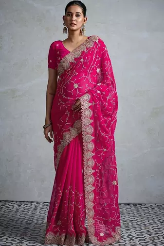 Pink embellished zari  georgette designer saree
