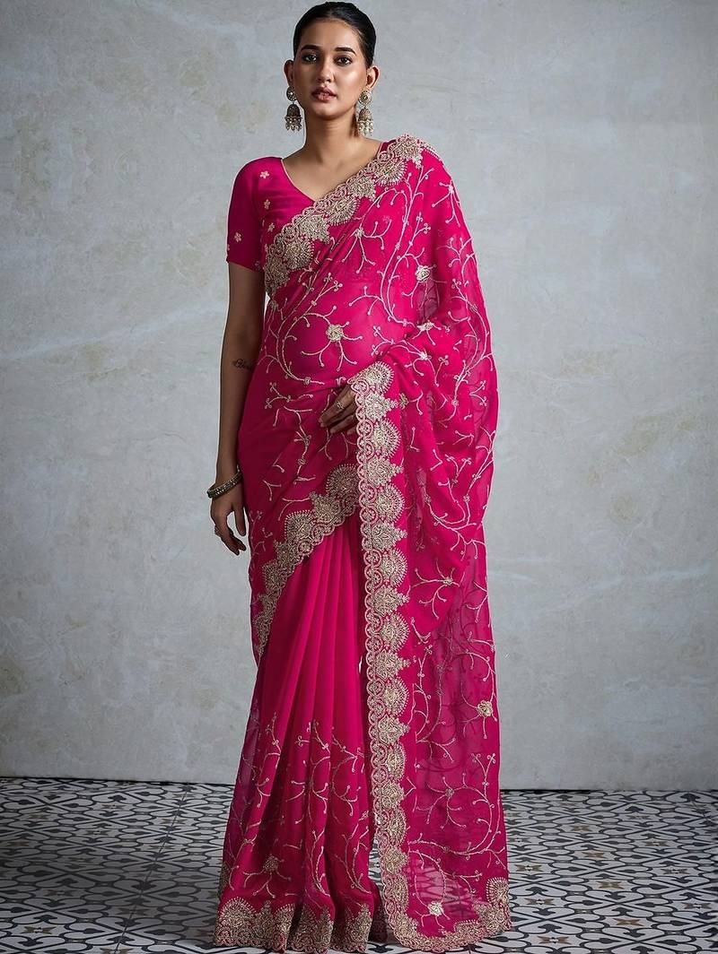 Pink embellished zari  georgette designer saree