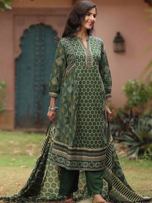women printed regular thread work  cotton kurta with palazzos & with dupatta 4