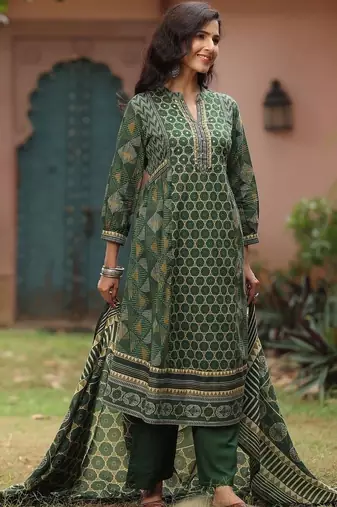 women printed regular thread work  cotton kurta with palazzos & with dupatta