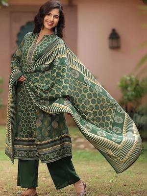 women printed regular thread work  cotton kurta with palazzos & with dupatta 6
