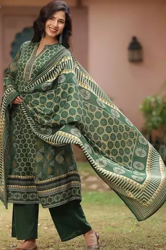 women printed regular thread work  cotton kurta with palazzos & with dupatta