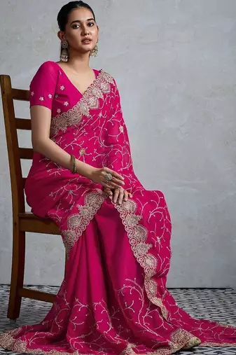 Pink embellished zari  georgette designer saree
