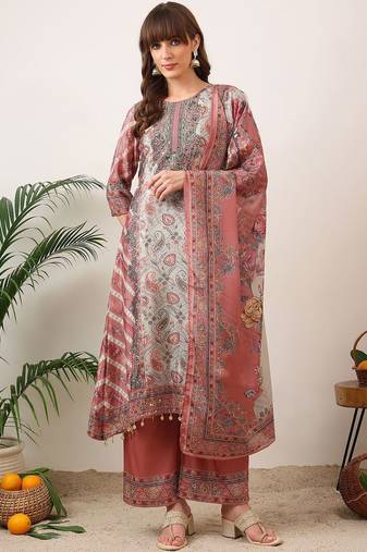 women ethnic motifs printed regular kurta with palazzos & with dupatta