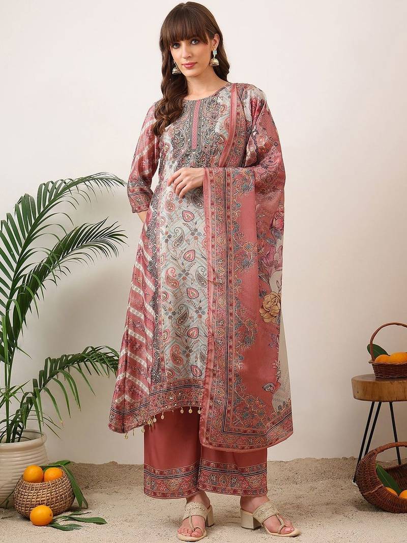 women ethnic motifs printed regular kurta with palazzos & with dupatta