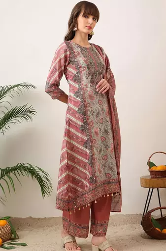 women ethnic motifs printed regular kurta with palazzos & with dupatta