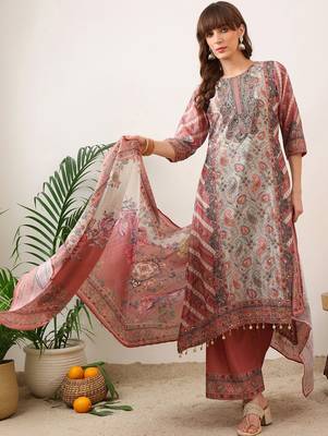 women ethnic motifs printed regular kurta with palazzos & with dupatta 5