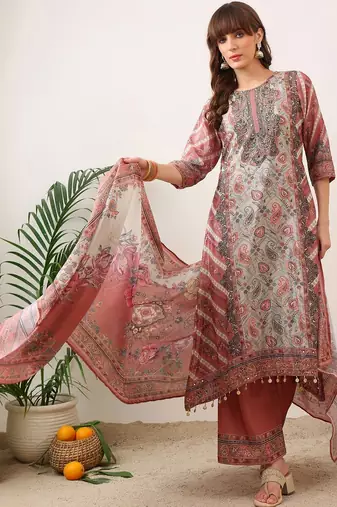 women ethnic motifs printed regular kurta with palazzos & with dupatta