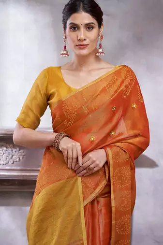 Rust ethnic motifs woven design linen blend sarees