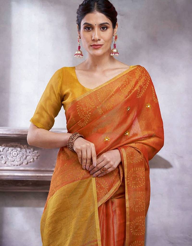 Rust ethnic motifs woven design linen blend sarees