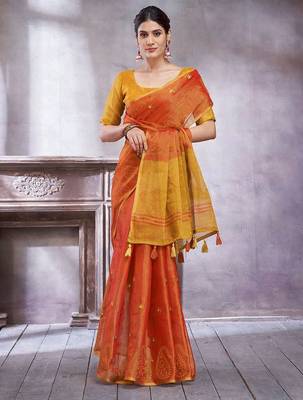Rust ethnic motifs woven design linen blend sarees 2