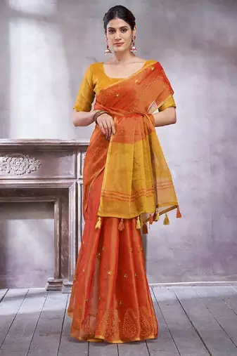 Rust ethnic motifs woven design linen blend sarees