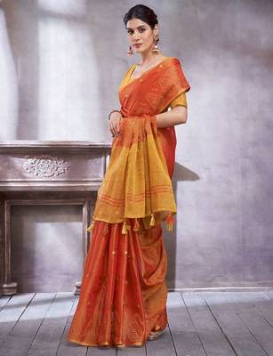 Rust ethnic motifs woven design linen blend sarees 3