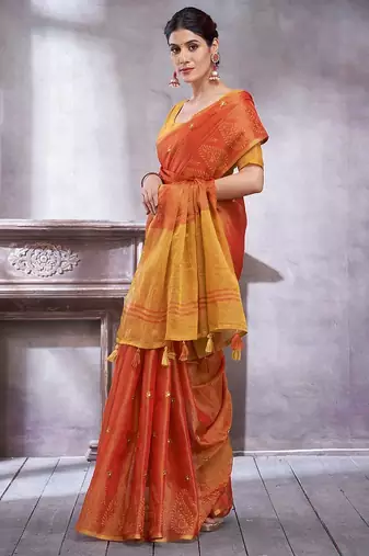 Rust ethnic motifs woven design linen blend sarees