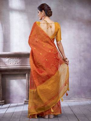 Rust ethnic motifs woven design linen blend sarees 4