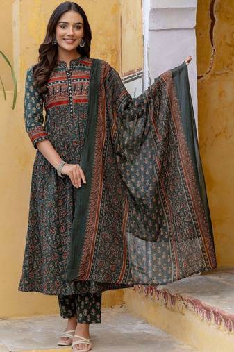 women ethnic motifs printed panelled mirror work  cotton kurta with trousers & with dupatta