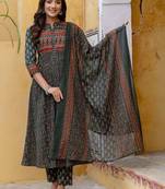 women ethnic motifs printed panelled mirror work  cotton kurta with trousers & with dupatta