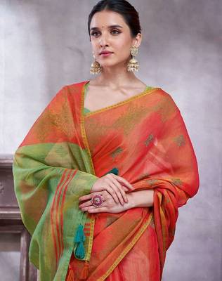 Orange women ethnic motifs linen blend designer saree 1