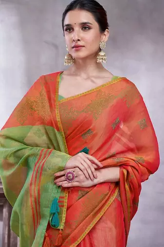Orange women ethnic motifs linen blend designer saree