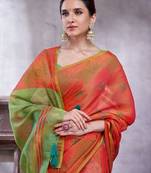 Orange women ethnic motifs linen blend designer saree