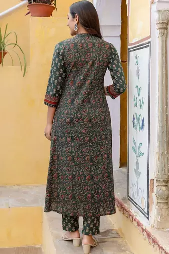 women ethnic motifs printed panelled mirror work  cotton kurta with trousers & with dupatta