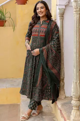 women ethnic motifs printed panelled mirror work  cotton kurta with trousers & with dupatta