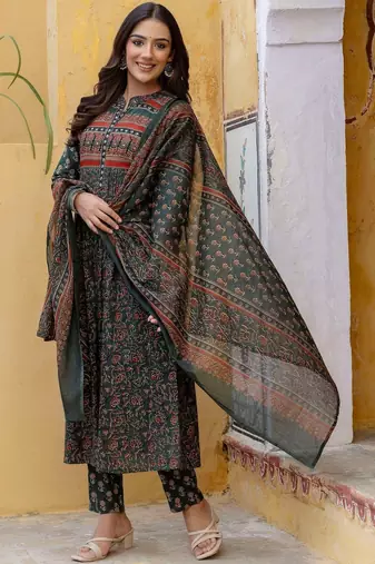 women ethnic motifs printed panelled mirror work  cotton kurta with trousers & with dupatta