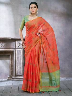 Orange women ethnic motifs linen blend designer saree 2