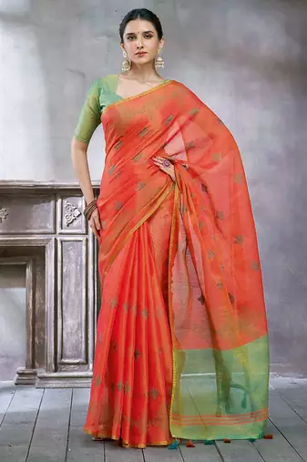 Orange women ethnic motifs linen blend designer saree