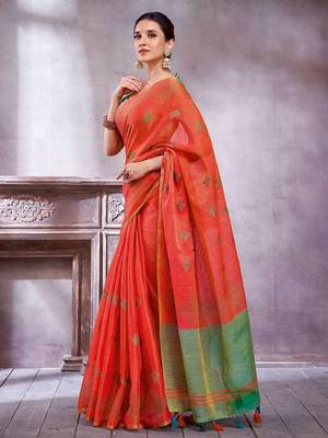 Orange women ethnic motifs linen blend designer saree 3