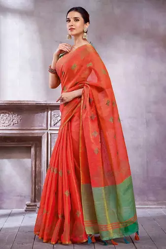 Orange women ethnic motifs linen blend designer saree