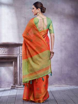 Orange women ethnic motifs linen blend designer saree 4
