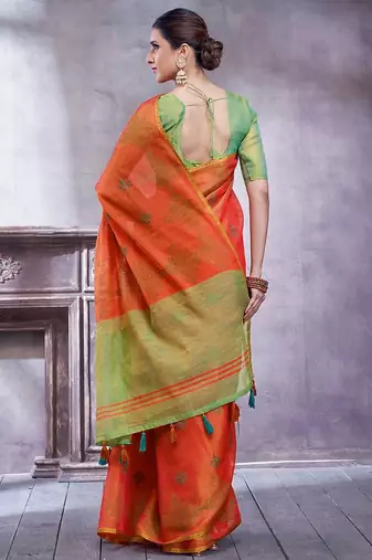 Orange women ethnic motifs linen blend designer saree