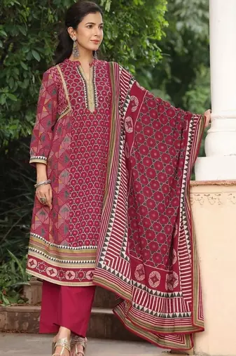 women ethnic motifs printed regular mirror work  cotton kurta with trousers & with dupatta