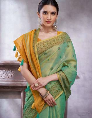 Teal women ethnic motifs linen blend paithani saree 1