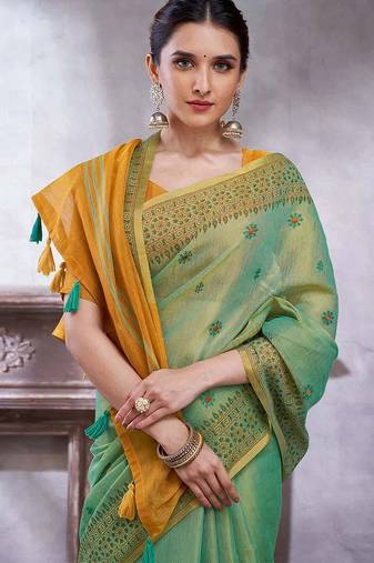 Teal women ethnic motifs linen blend paithani saree