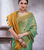 Teal women ethnic motifs linen blend paithani saree