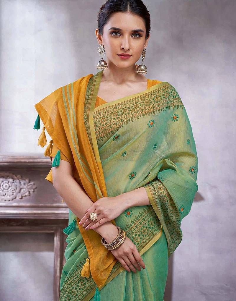 Teal women ethnic motifs linen blend paithani saree
