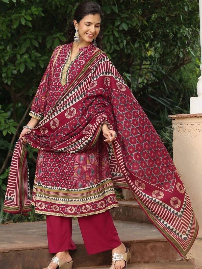 women ethnic motifs printed regular mirror work  cotton kurta with trousers & with dupatta