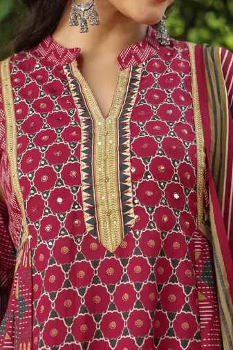 women ethnic motifs printed regular mirror work  cotton kurta with trousers & with dupatta