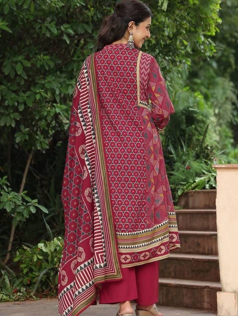 women ethnic motifs printed regular mirror work  cotton kurta with trousers & with dupatta