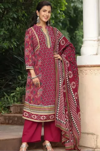 women ethnic motifs printed regular mirror work  cotton kurta with trousers & with dupatta