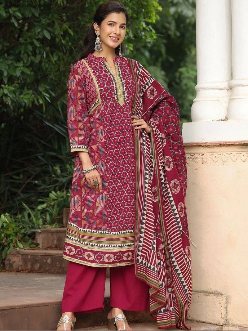 women ethnic motifs printed regular mirror work  cotton kurta with trousers & with dupatta