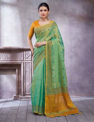 Teal women ethnic motifs linen blend paithani saree 2