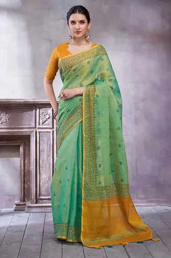 Teal women ethnic motifs linen blend paithani saree